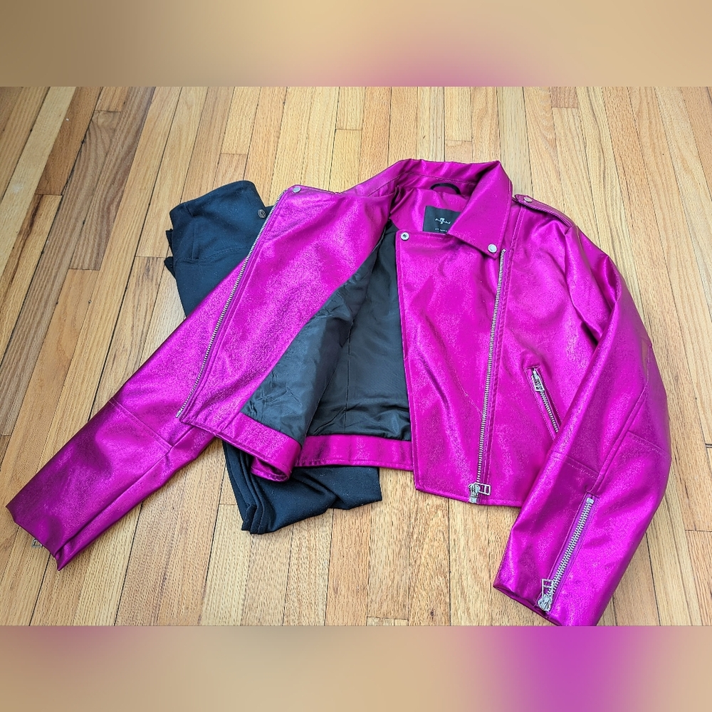 7 For All Mankind NWT Metallic Hot Magenta Pink Moto Jacket - Picture 5 of 12
